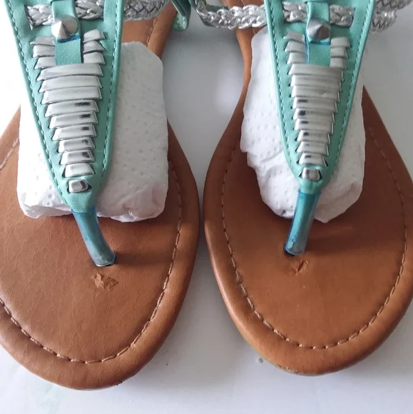Aqua,Silver Slingback Sandals,Braided Double Silver/Aqua Straps/Buckles - Picture 9 of 10